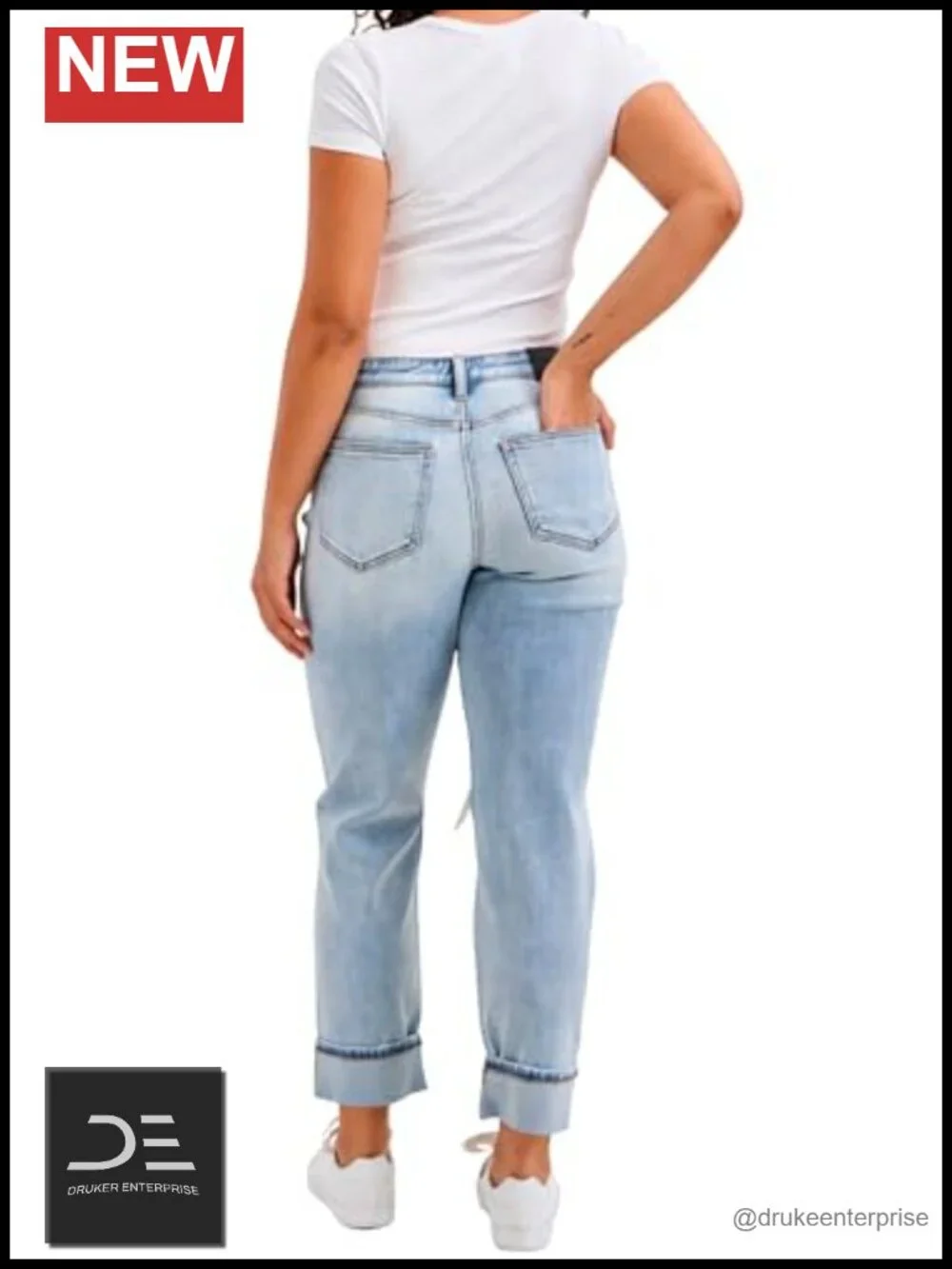 Boyfriend Jeans Mid Rise Distressed Rolled Cuff Denim with Bandana Loop Detail